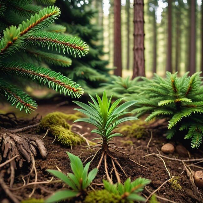 Rośliny zimozielone w cieniu świerka